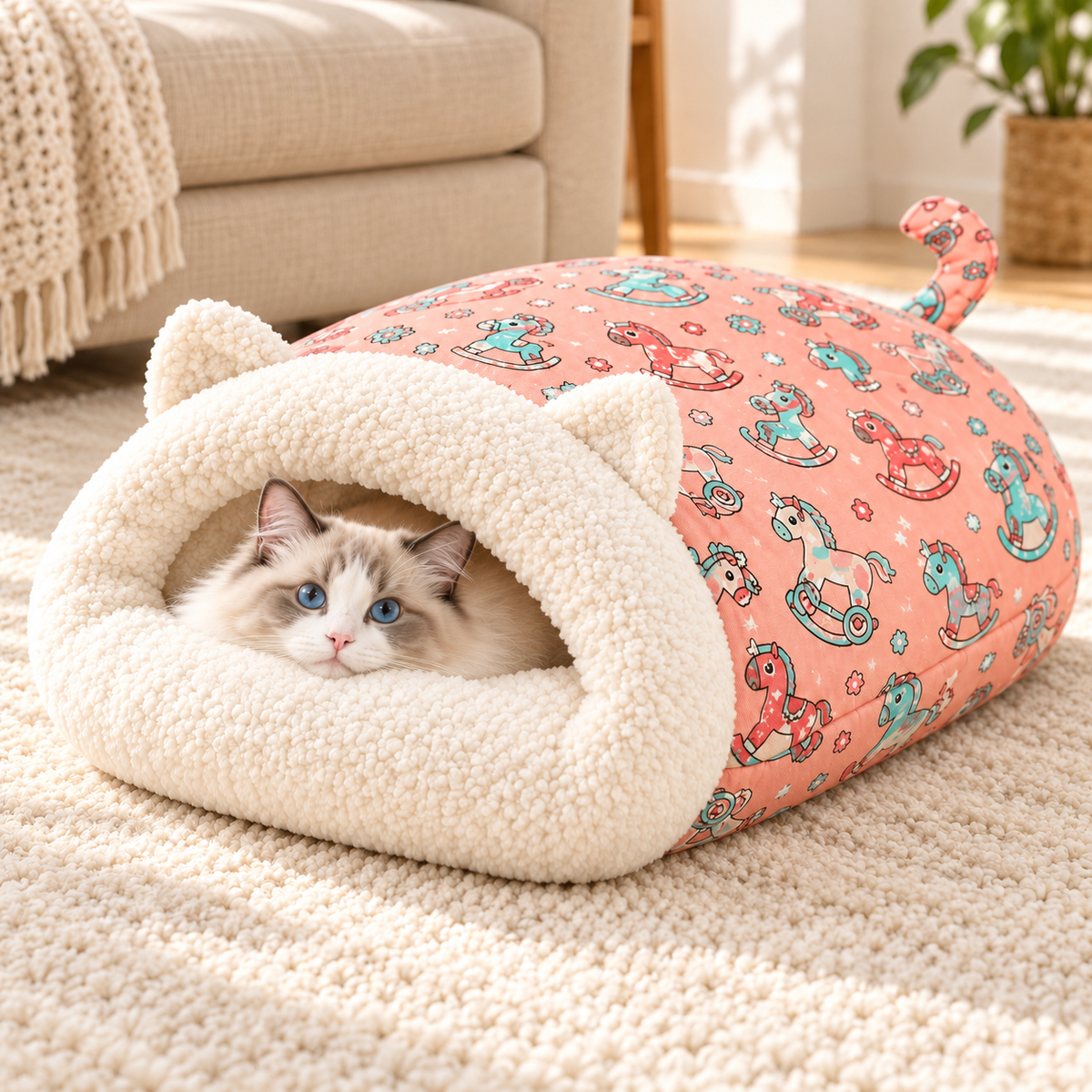 🐱🛏️Semi-Enclosed Hooded Pet Sleeping Bag Cave Bed | Draft-Blocking, Cozy Indoor Winter Rest Spot📦