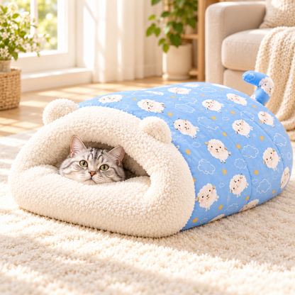 🐱🛏️Semi-Enclosed Hooded Pet Sleeping Bag Cave Bed | Draft-Blocking, Cozy Indoor Winter Rest Spot📦