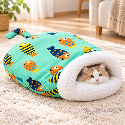 🐱🛏️Semi-Enclosed Hooded Pet Sleeping Bag Cave Bed | Draft-Blocking, Cozy Indoor Winter Rest Spot📦
