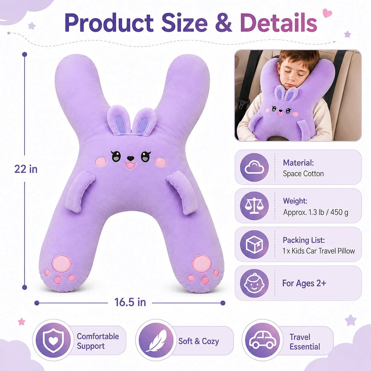 Kids car travel pillow, H-shaped support cushion, White - image 7