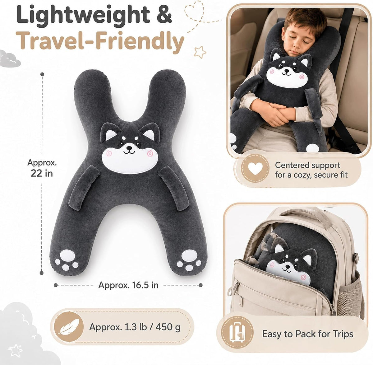 Kids car travel pillow, H-shaped support cushion, White - image 5