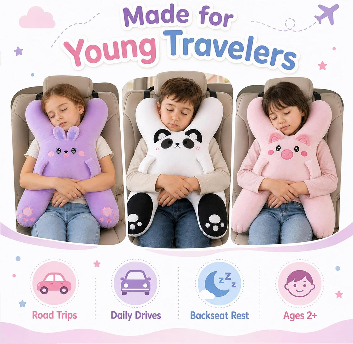 Kids car travel pillow, H-shaped support cushion, White - image 6