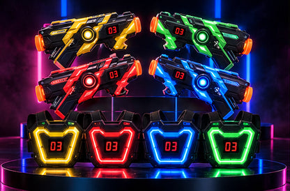 Four-player infrared toy blasters and chest targets