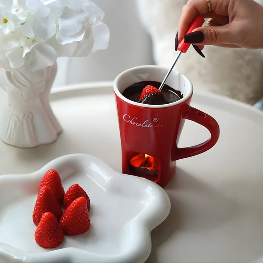 Red Meltie Mug with chocolate and strawberries