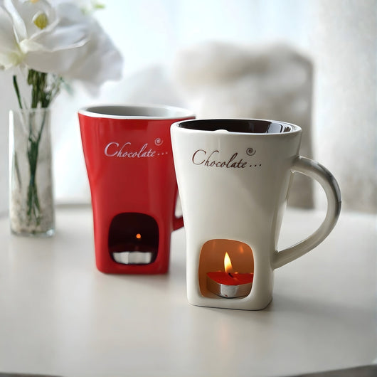 White and red Meltie Mug fondue mugs
