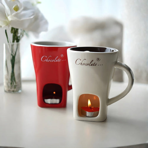 White and red Meltie Mug fondue mugs