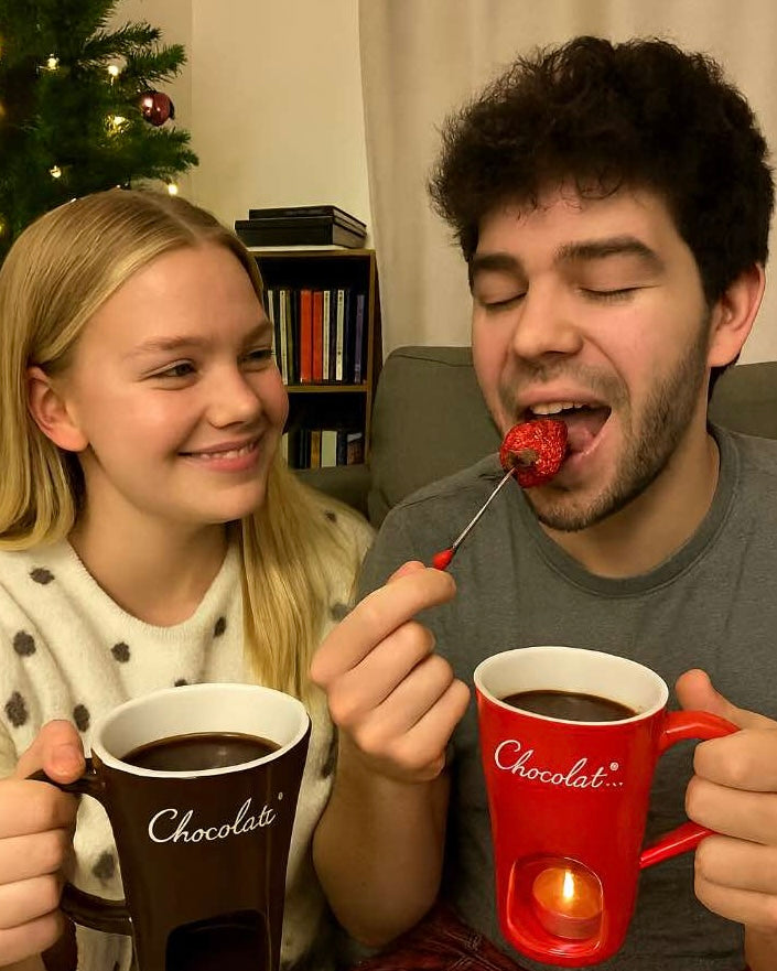 Couple enjoying Meltie Mug chocolate fondue