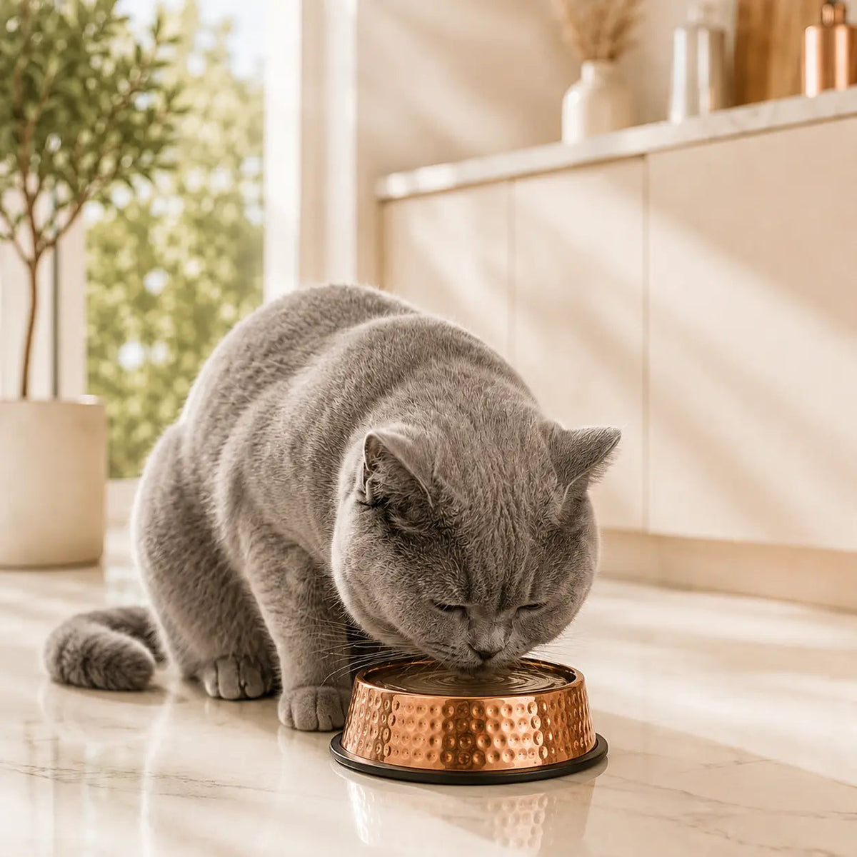 Hammered copper-finish pet bowl