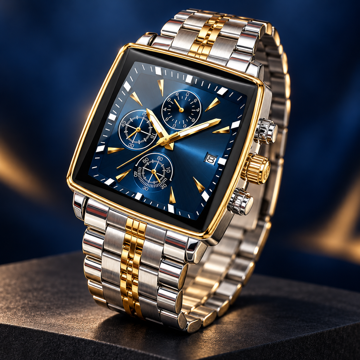 Elowenna square dial watch — Gold-Blue studio presentation