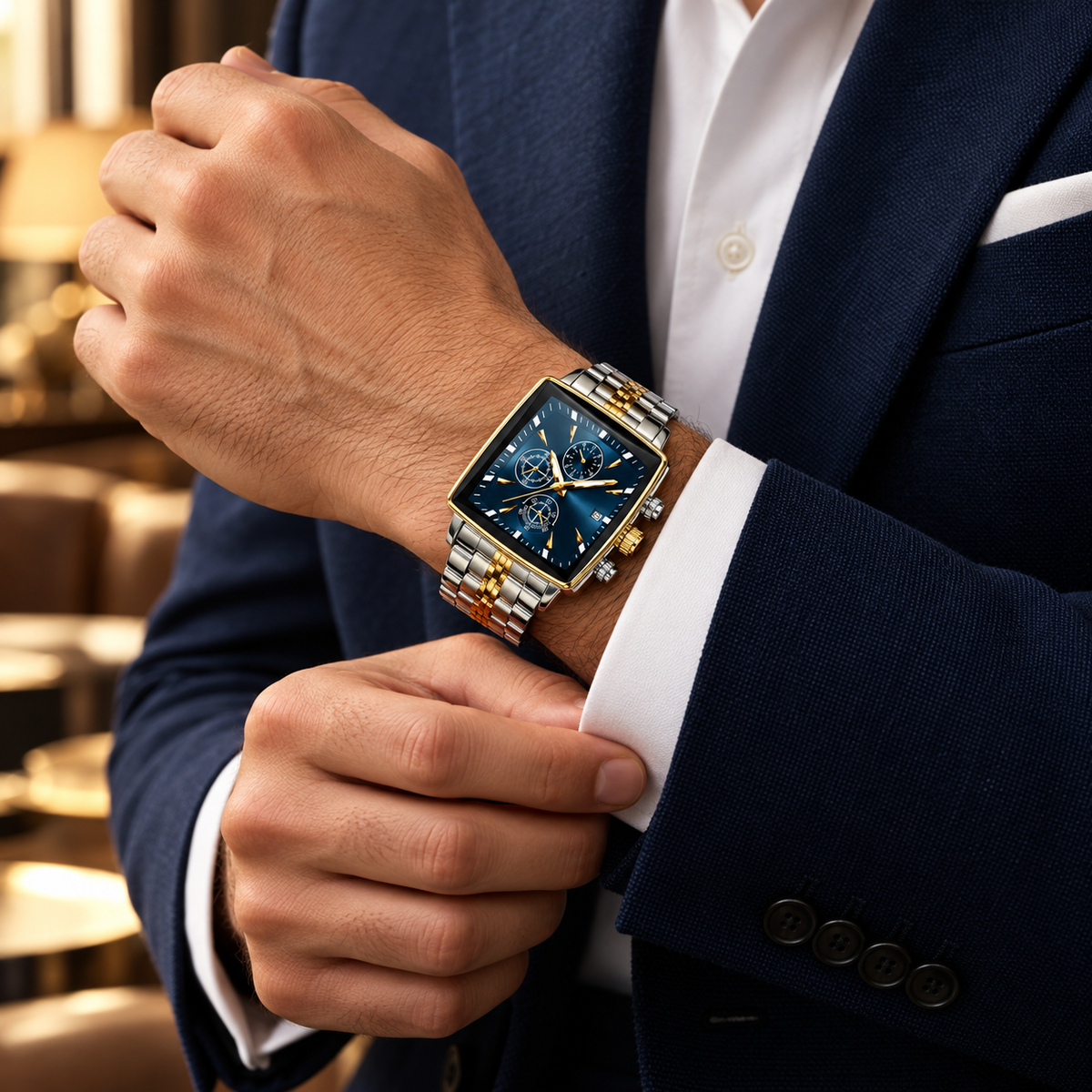 Elowenna Gold-Blue watch — editorial styling illustration