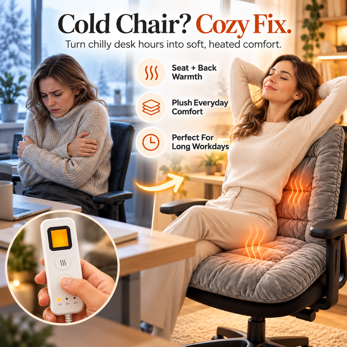 🔥🪑 Cozy Heated Office Chair Cushion ✨ Plush Quilted Seat & Back Warmer with Remote Control ⏱️❄️ Soft Comfort for Home & Office 💖🌈 6 Colors Available!
