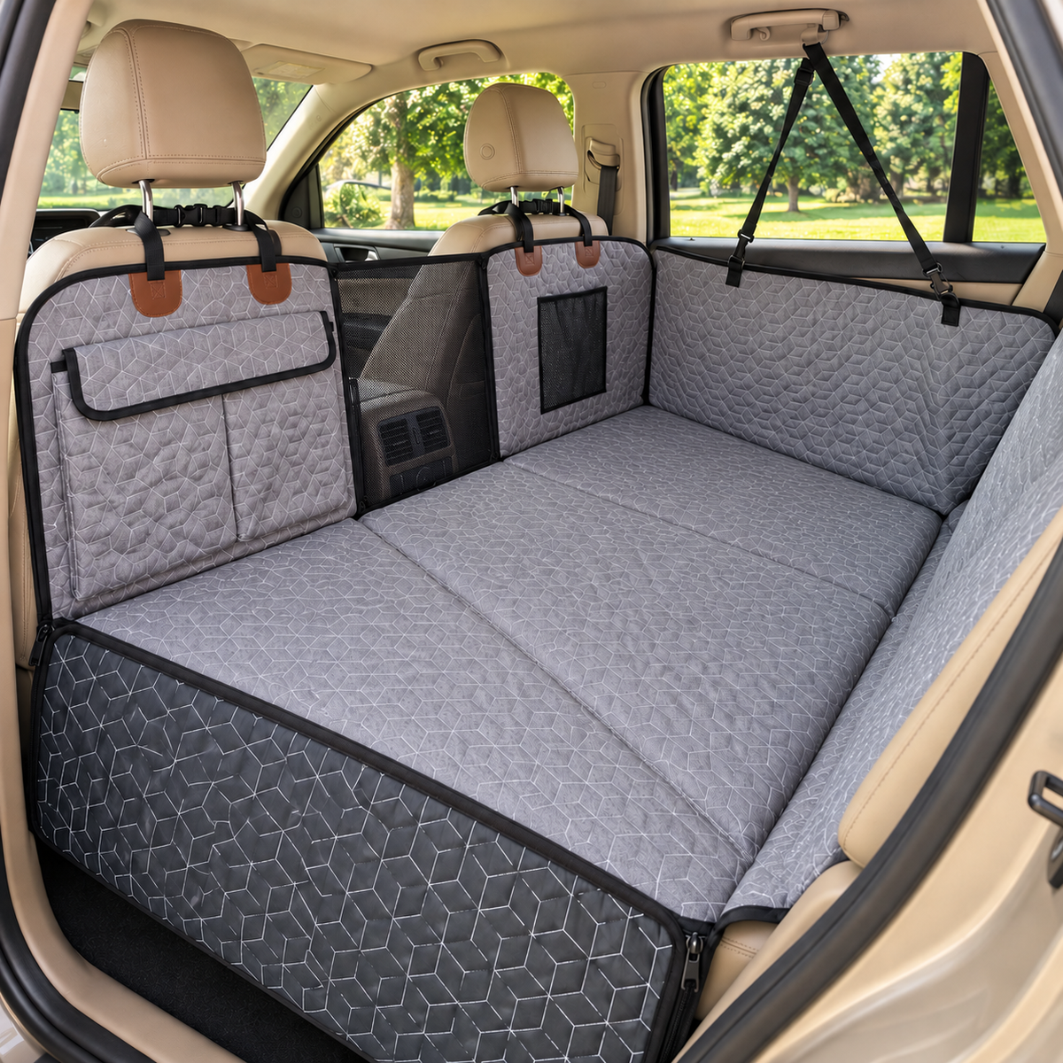 Hard-bottom pet car seat cover — styled product image
