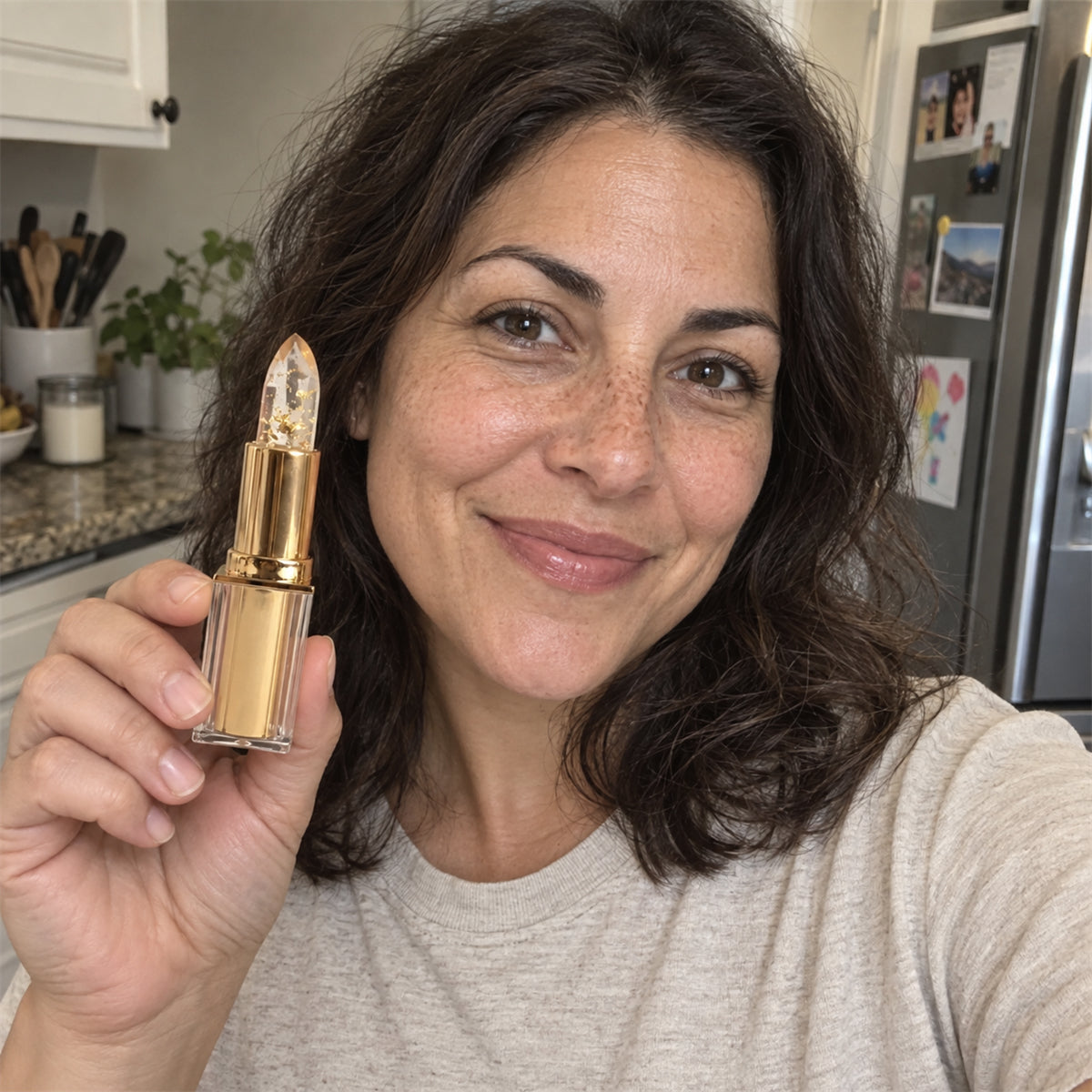 Jennifer showing lipstick in her kitchen