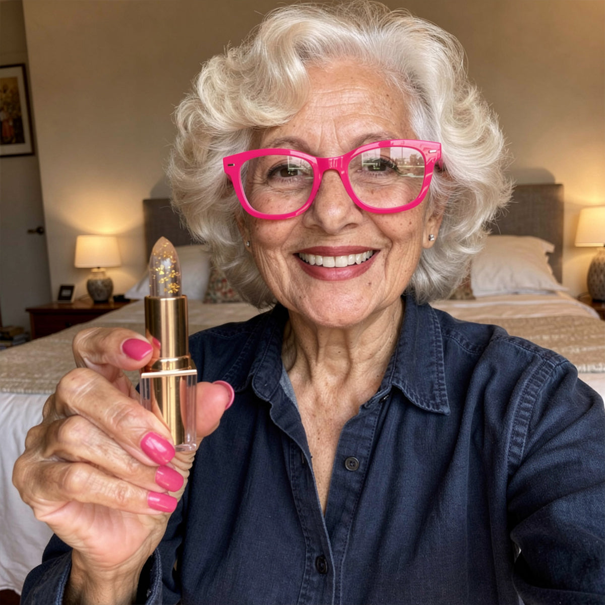 Melanie smiling with a gold lipstick