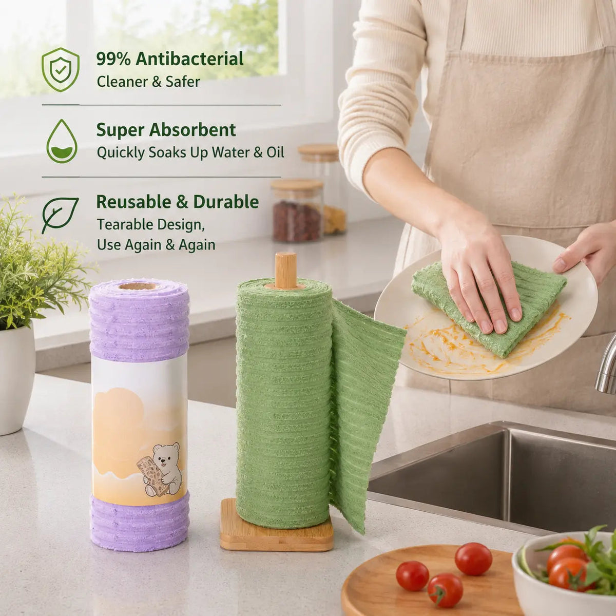 🧻 Reusable Plush Cleaning Cloth Roll – Tear-Off, Washable & Absorbent Kitchen Towels