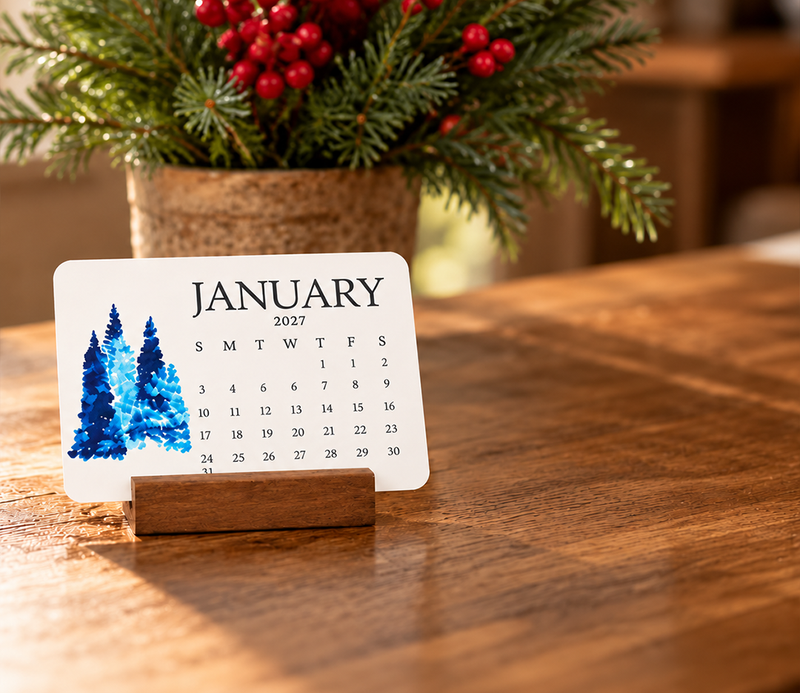 Plantable seed calendar with winter watercolor artwork