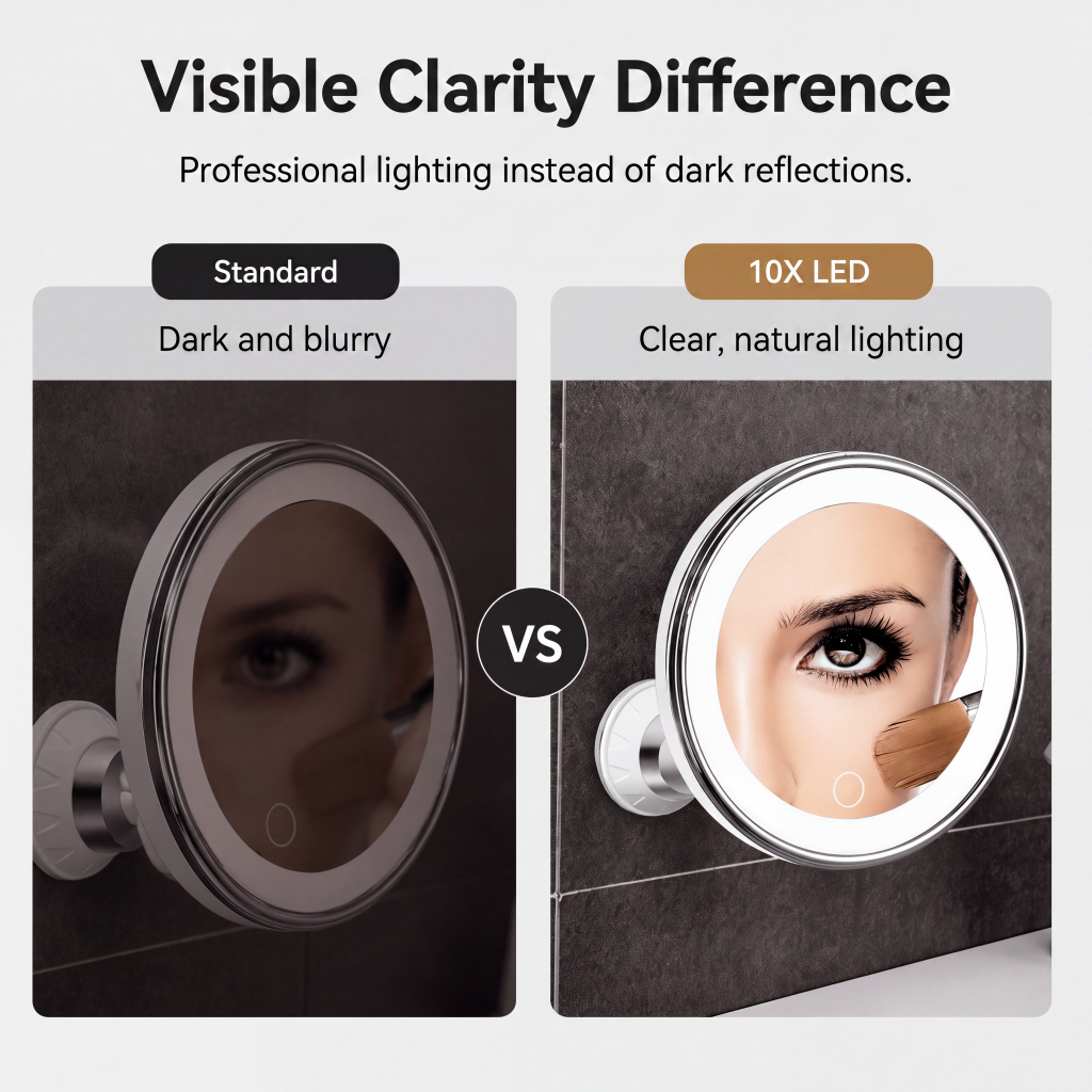 ⏳🔥LIMITED-TIME 50% OFF! ⏰10x Magnifying Makeup Mirror with LED Light and Suction Cup