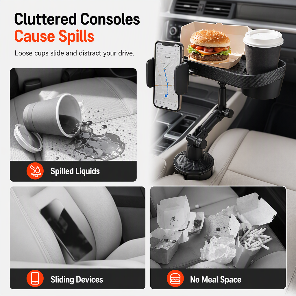 ⏳🔥 LIMITED-TIME 50% OFF! Upgrade Your Car with This 3-in-1 Cup Holder, Phone Mount & Snack Tray