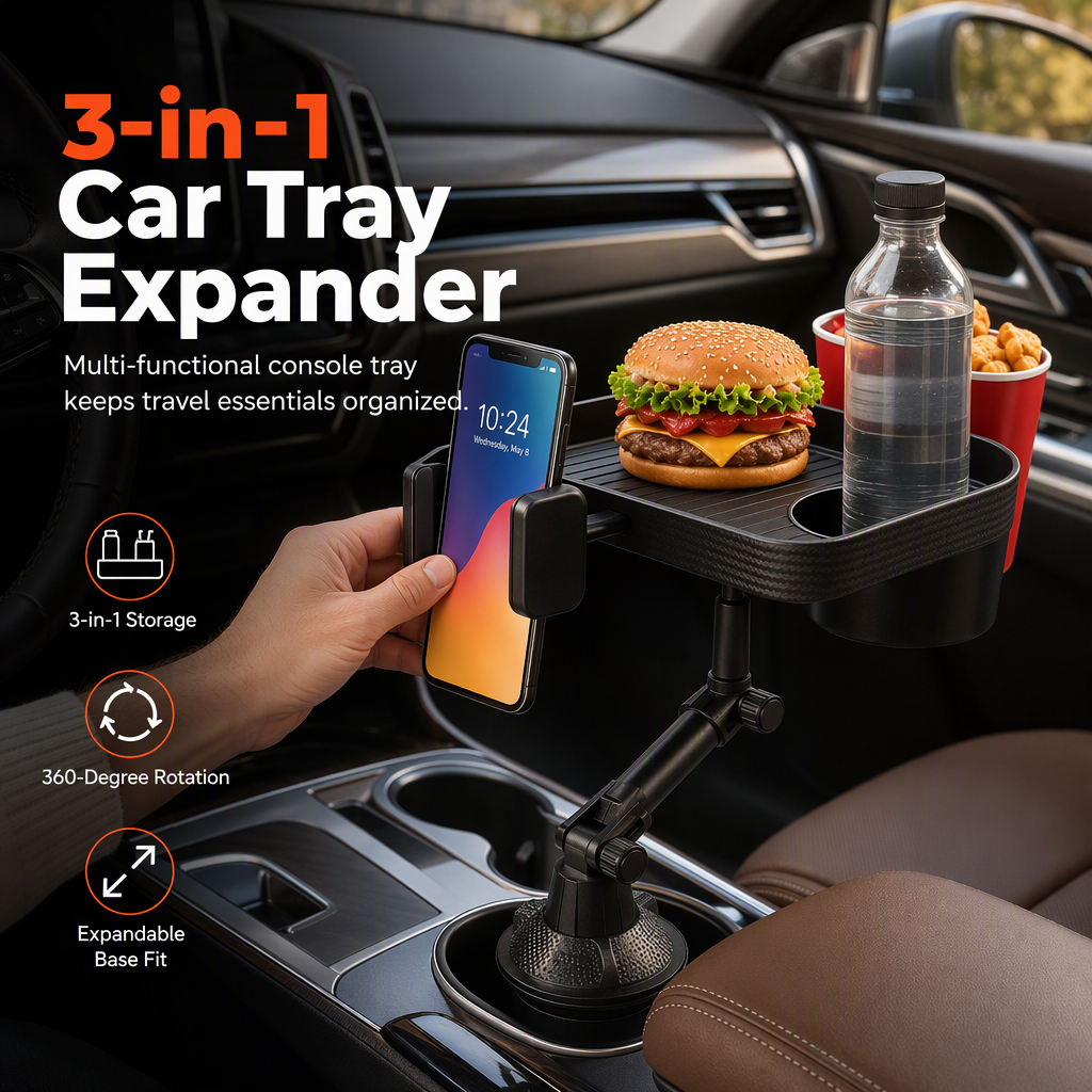 ⏳🔥 LIMITED-TIME 50% OFF! Upgrade Your Car with This 3-in-1 Cup Holder, Phone Mount & Snack Tray